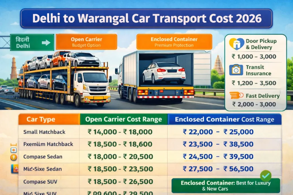 Car Transport Cost from Delhi to warangal